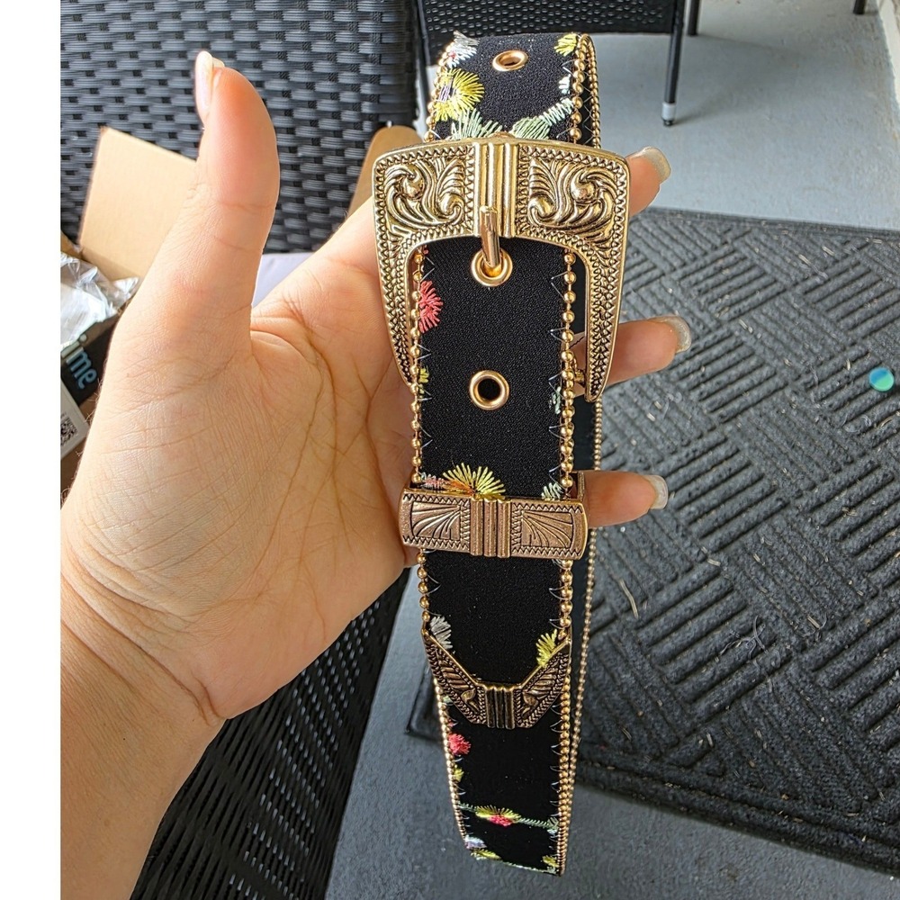 Black Floral Embroidered Western Belt Gold Ball Chain Trim Embossed Buckle Boho